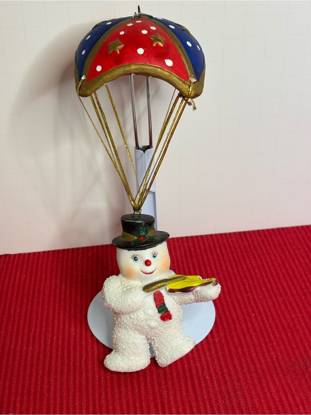 Snowman Parachute Ornament - White and Red Holiday Figurine